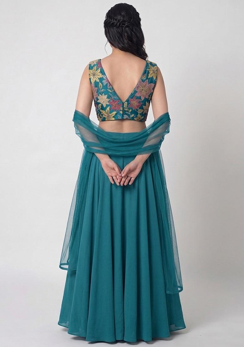 Teal Blue Printed Crepe Lehenga Set - Indya