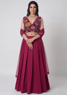 Dark Pink Printed Crepe Lehenga Set