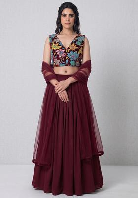 Deep Maroon Printed Crepe Lehenga Set