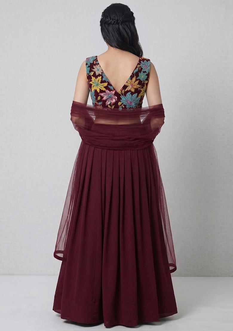 Deep Maroon Printed Crepe Lehenga Set - Indya