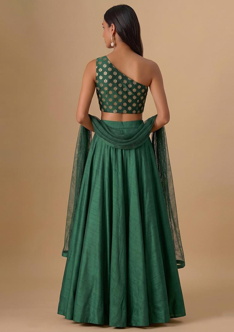 Dark Green Zari Satin Lehenga Set - Indya