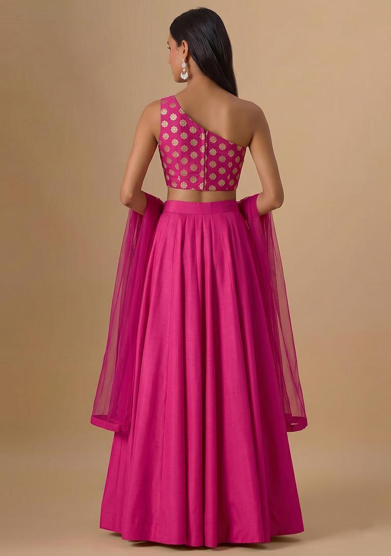 Pink Zari Satin Lehenga Set - Indya