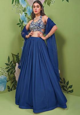 Navy Blue Printed Crepe Lehenga Set