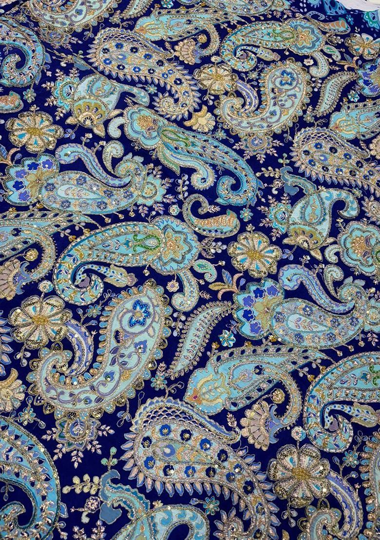 Navy Blue Printed Crepe Lehenga Set - Indya