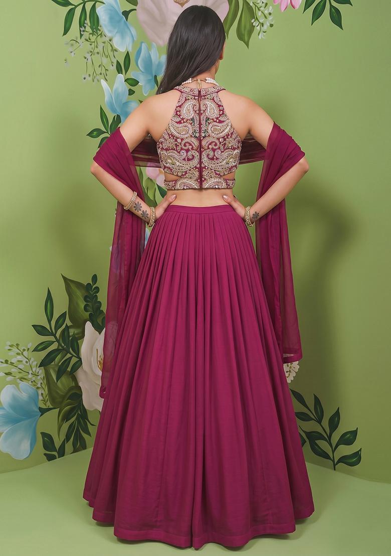 Rani Pink Printed Crepe Lehenga Set - Indya