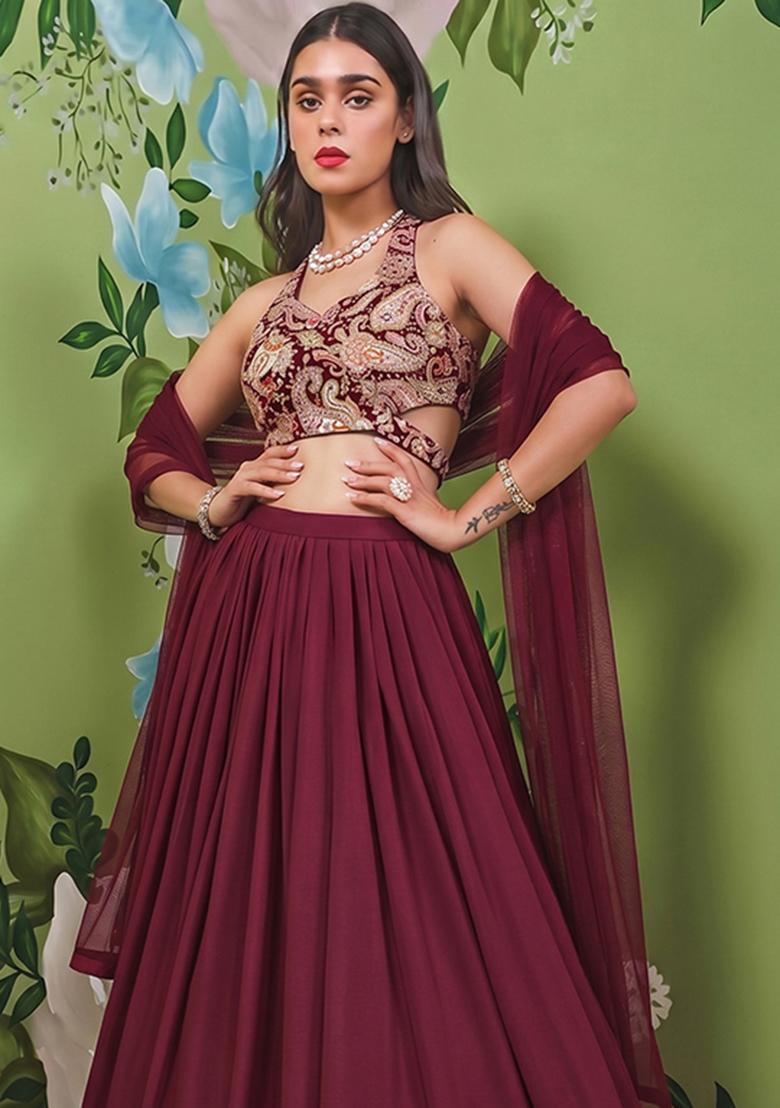 Deep Maroon Printed Crepe Lehenga Set - Indya