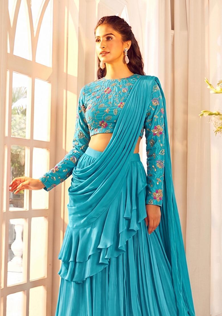 Blue Zari Cosmos Lehenga Set - Indya