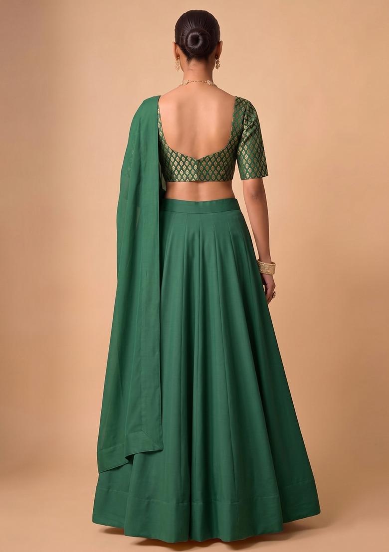 Dark Green Brocade Lehenga Set - Indya