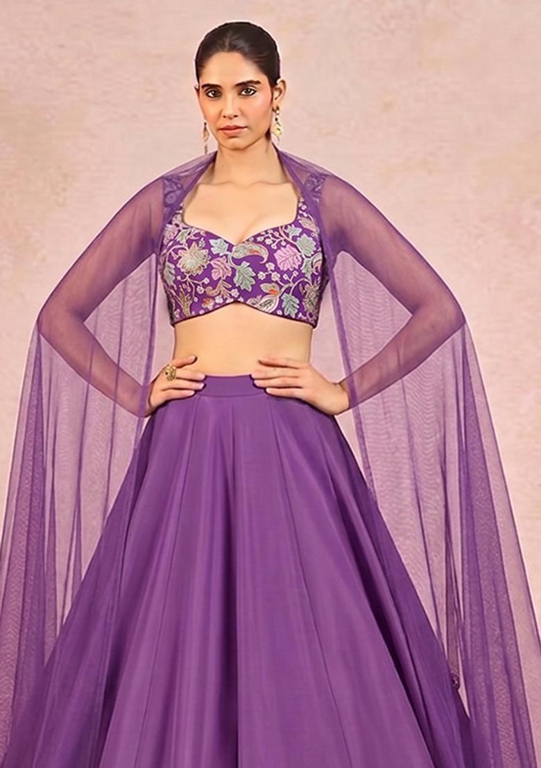 Purple Printed Crepe Lehenga Set - Indya