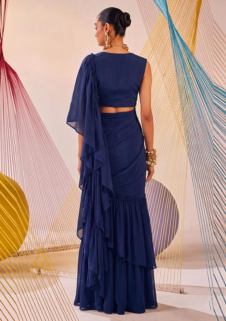 Navy Blue Embroidered Tissue Pre Draped Saree Set - Indya