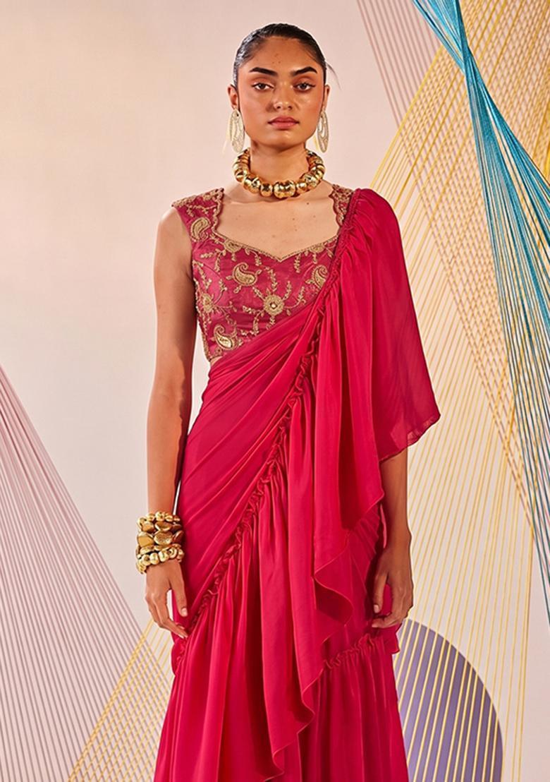 Pink Embroidered Tissue Pre Draped Saree Set - Indya