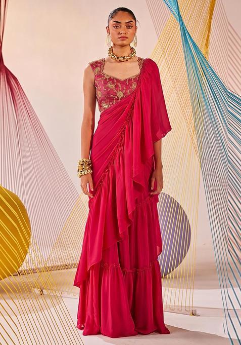 Pink Embroidered Tissue Pre Draped Saree Set
