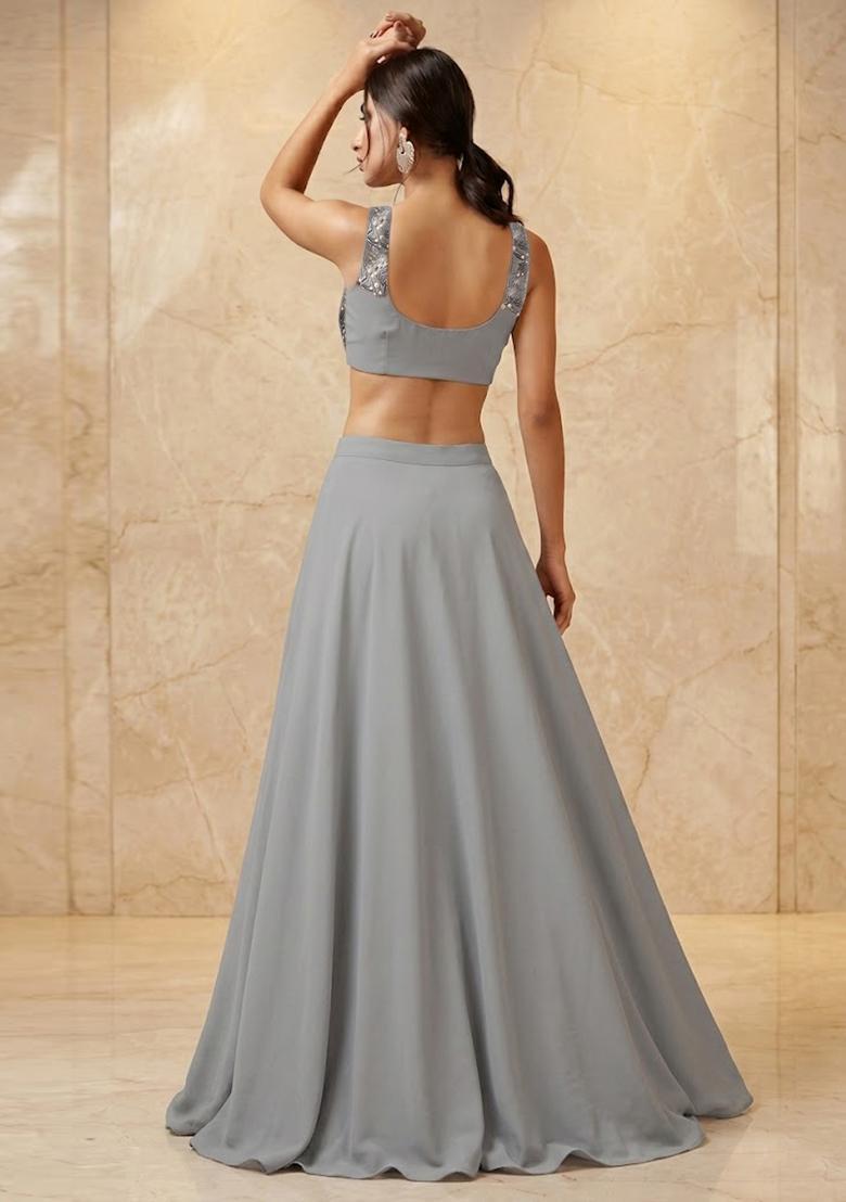 Grey Embroidered Handwork Lehenga Set - Indya