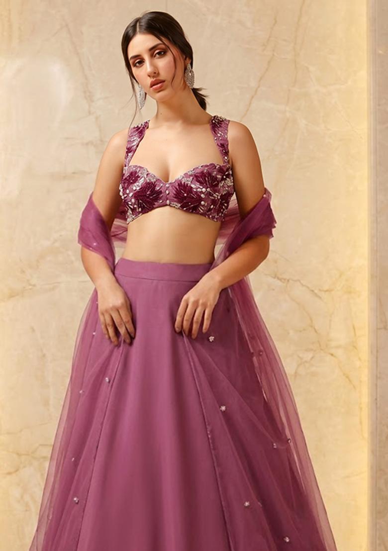 Mauve Embroidered Handwork Lehenga Set - Indya