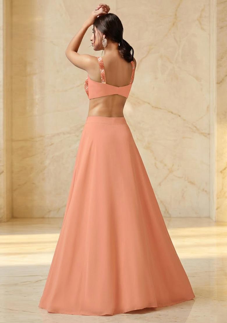 Peach Embroidered Handwork Lehenga Set - Indya