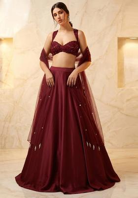 Wine Embroidered Handwork Lehenga Set