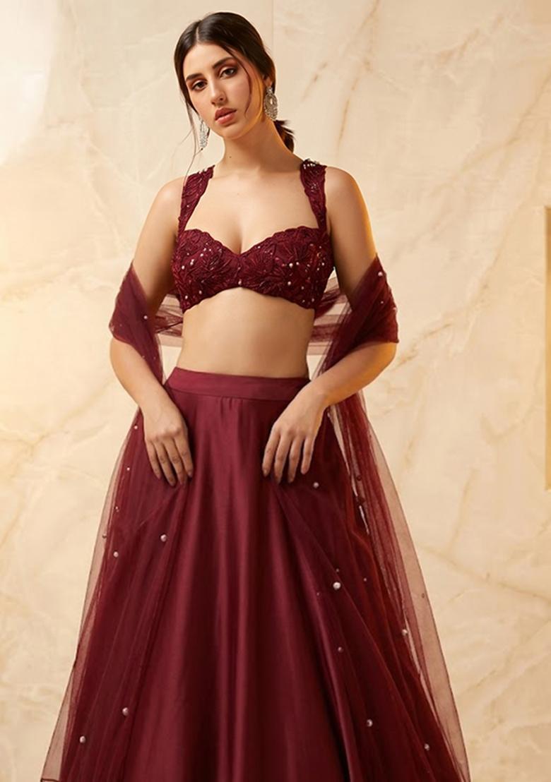 Wine Embroidered Handwork Lehenga Set - Indya
