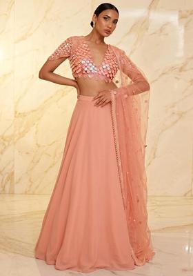 Peach Embroidered Handwork Lehenga Set