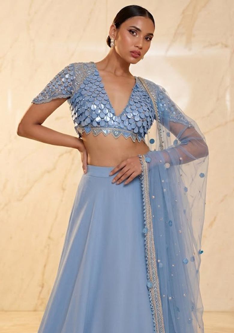 Powder Blue Embroidered Handwork Lehenga Set - Indya