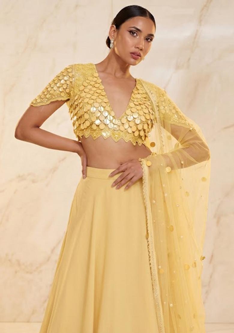 Yellow Embroidered Handwork Lehenga Set - Indya