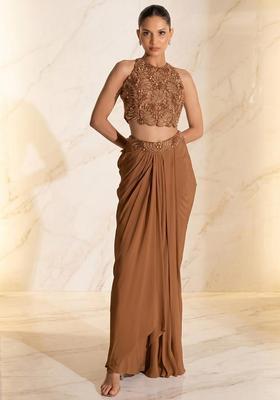 Beige Embroidered Handwork Fusion Set