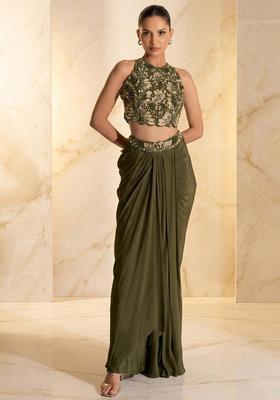 Olive Green Embroidered Handwork Fusion Set