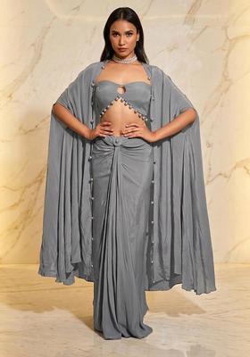 Grey Embroidered Handwork Fusion Set