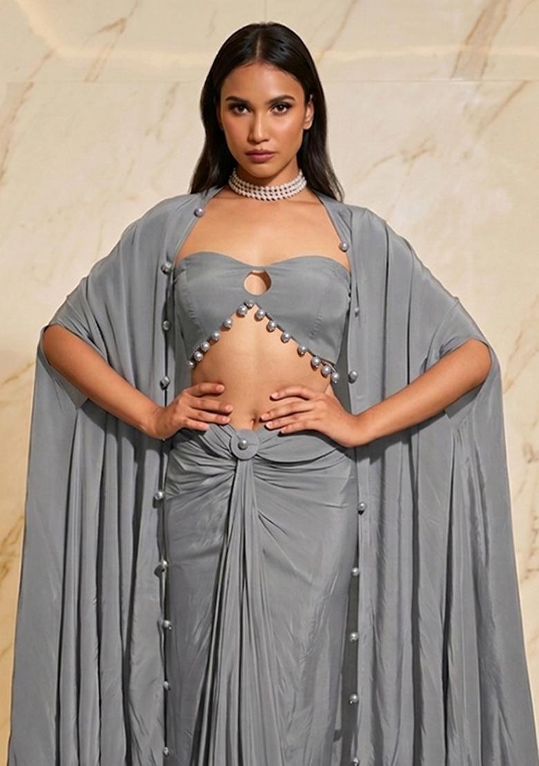 Grey Embroidered Handwork Fusion Set - Indya