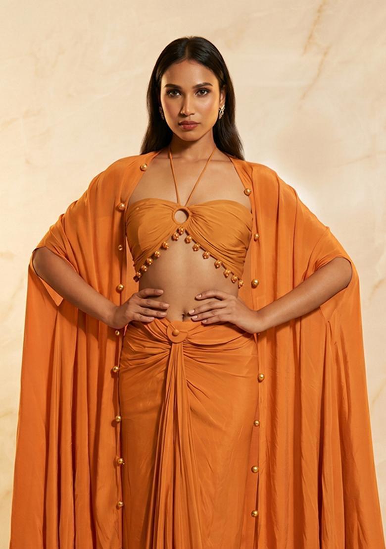 Orange Embroidered Handwork Fusion Set - Indya