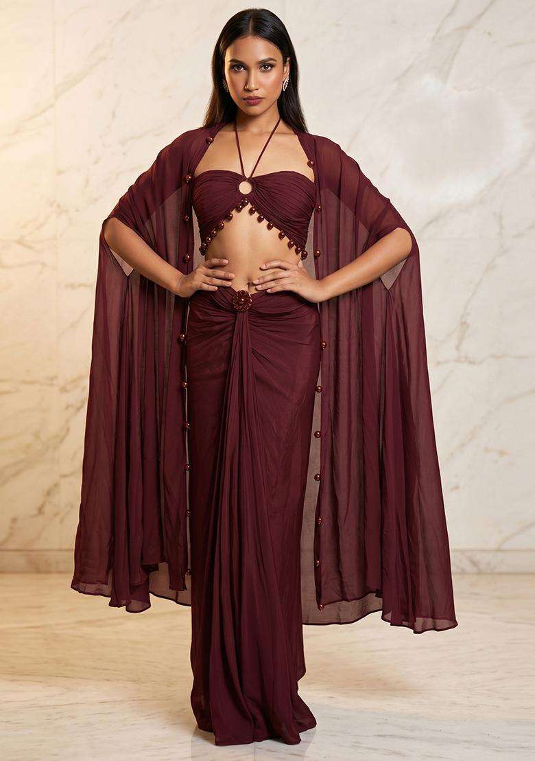Wine Embroidered Handwork Fusion Set - Indya