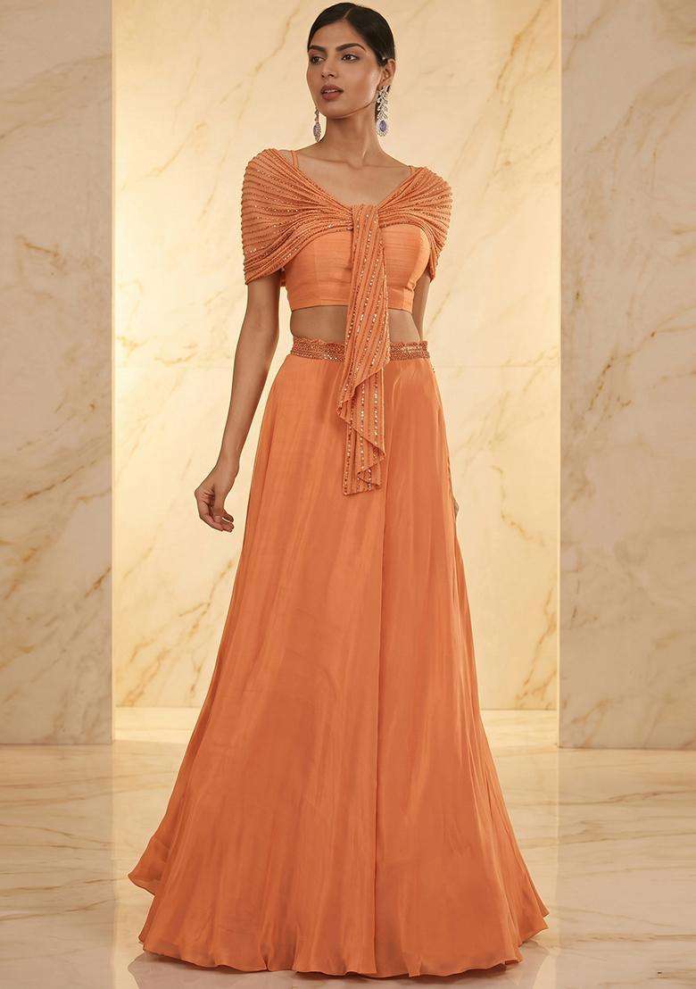 Peach Embroidered Handwork Fusion Set - Indya