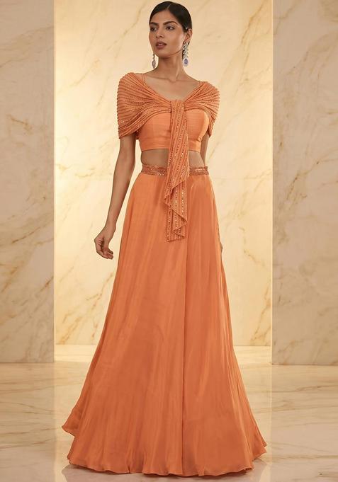 Peach Embroidered Handwork Fusion Set
