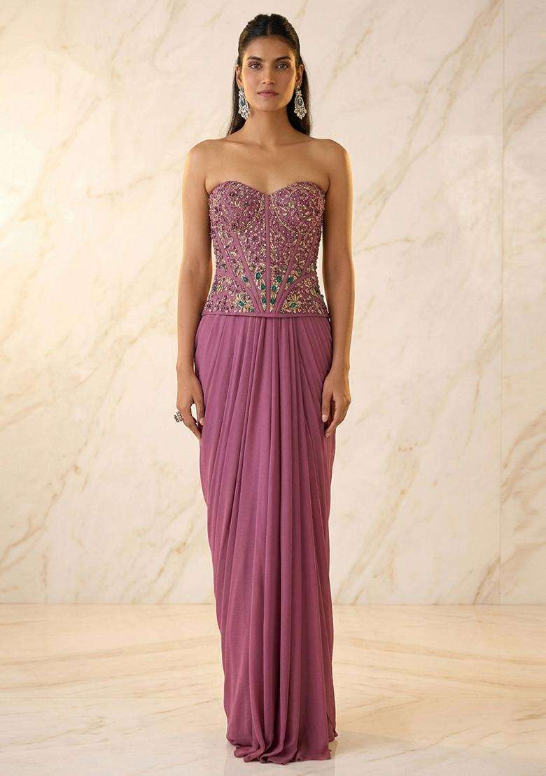 Mauve Embroidered Handwork Fusion Set - Indya