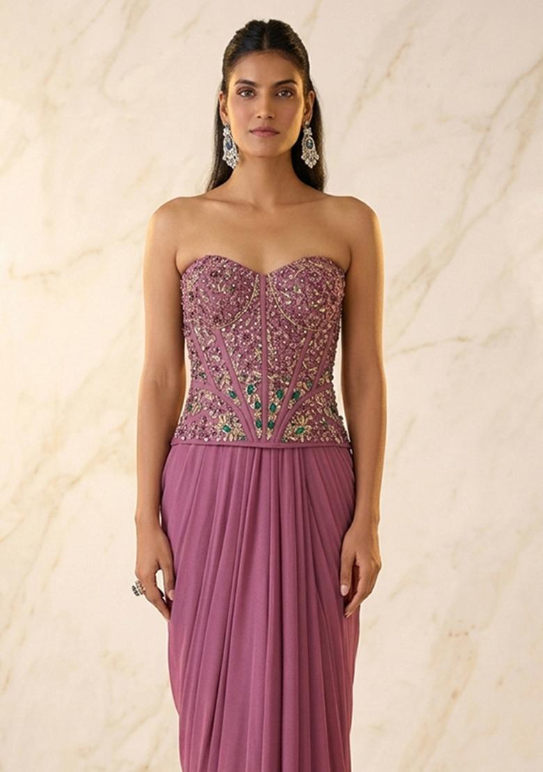 Mauve Embroidered Handwork Fusion Set - Indya