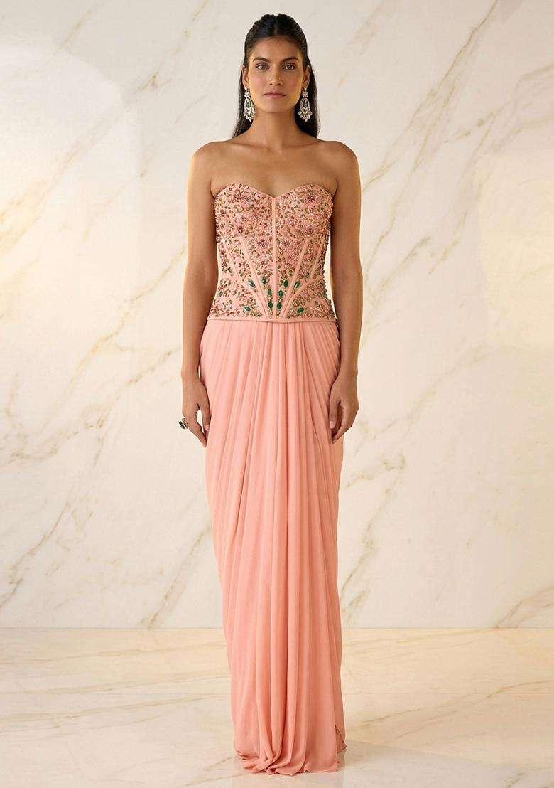 Peach Embroidered Handwork Fusion Set - Indya