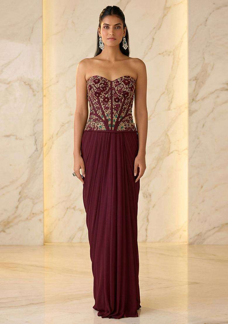 Wine Embroidered Handwork Fusion Set - Indya