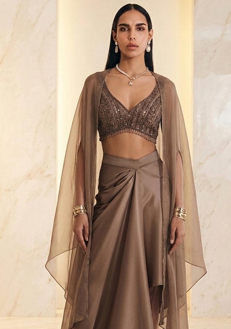 Beige Embroidered Handwork Fusion Set - Indya