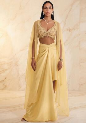 Light Yellow Embroidered Handwork Fusion Set