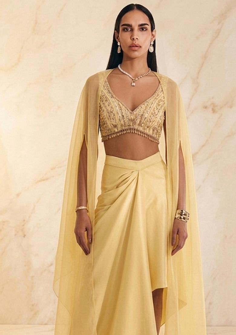 Light Yellow Embroidered Handwork Fusion Set - Indya
