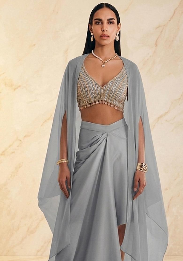 Grey Embroidered Handwork Fusion Set - Indya