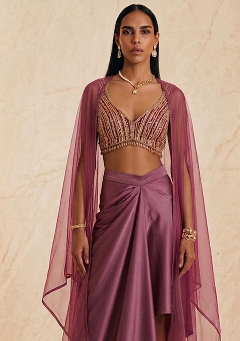 Mauve Embroidered Handwork Fusion Set - Indya