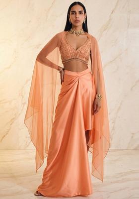 Peach Embroidered Handwork Fusion Set