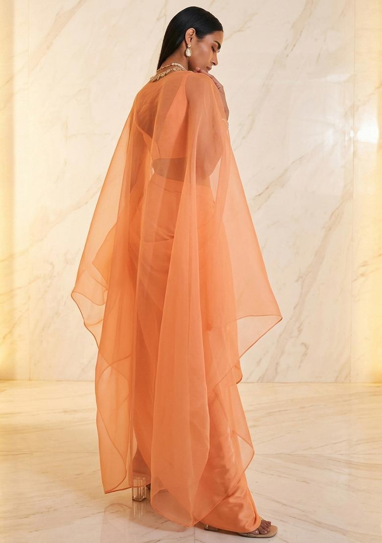 Peach Embroidered Handwork Fusion Set - Indya