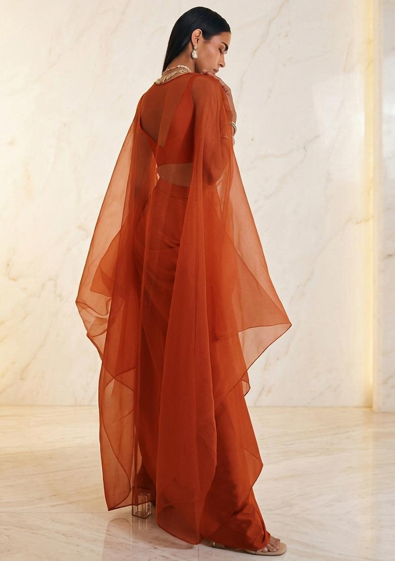 Rust Embroidered Handwork Fusion Set - Indya