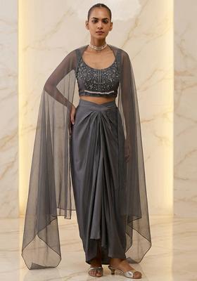 Grey Embroidered Handwork Fusion Set