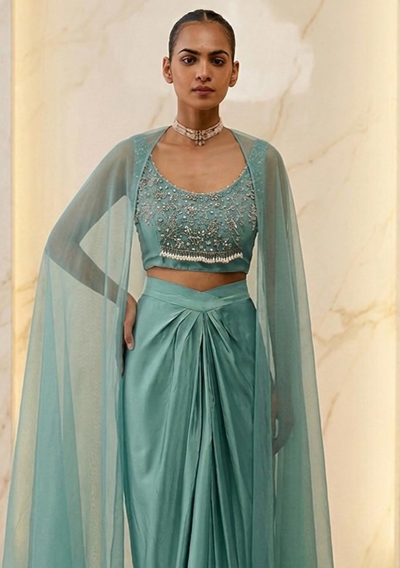 Sea Green Embroidered Handwork Fusion Set - Indya