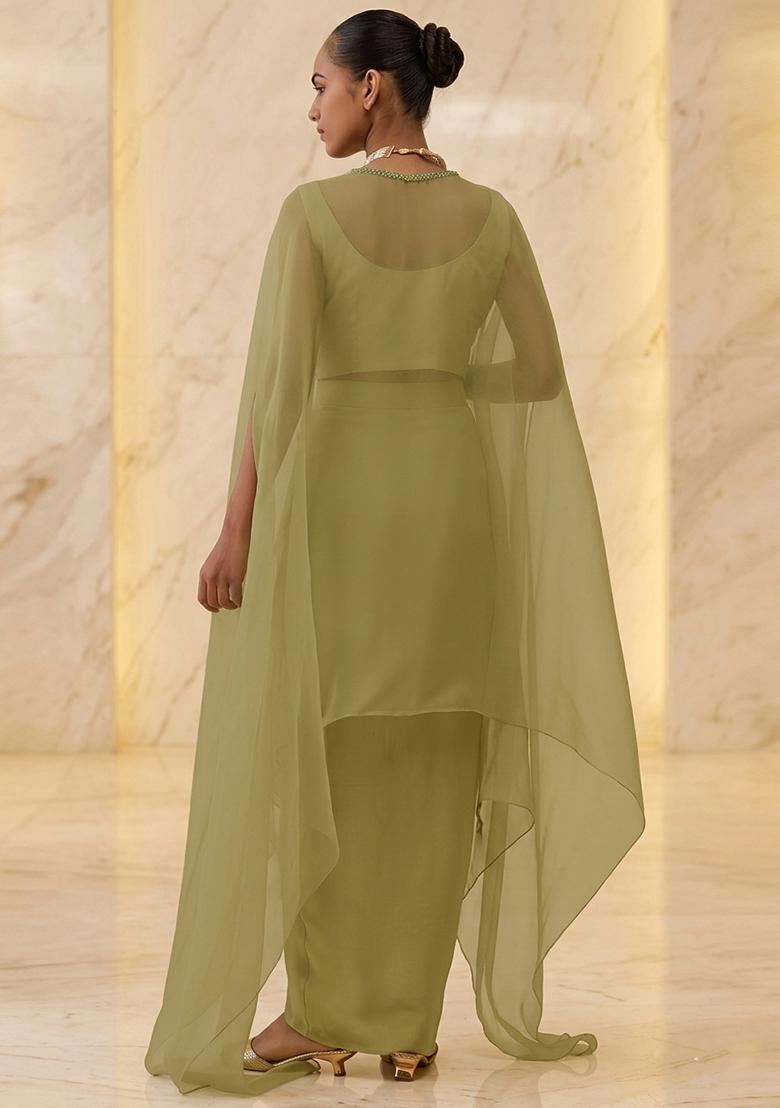 Olive Green Embroidered Handwork Fusion Set - Indya