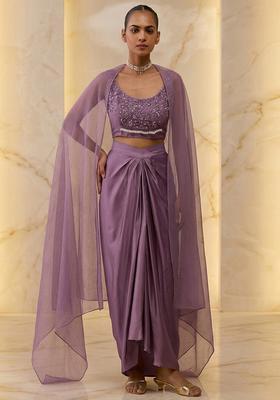 Purple Embroidered Handwork Fusion Set