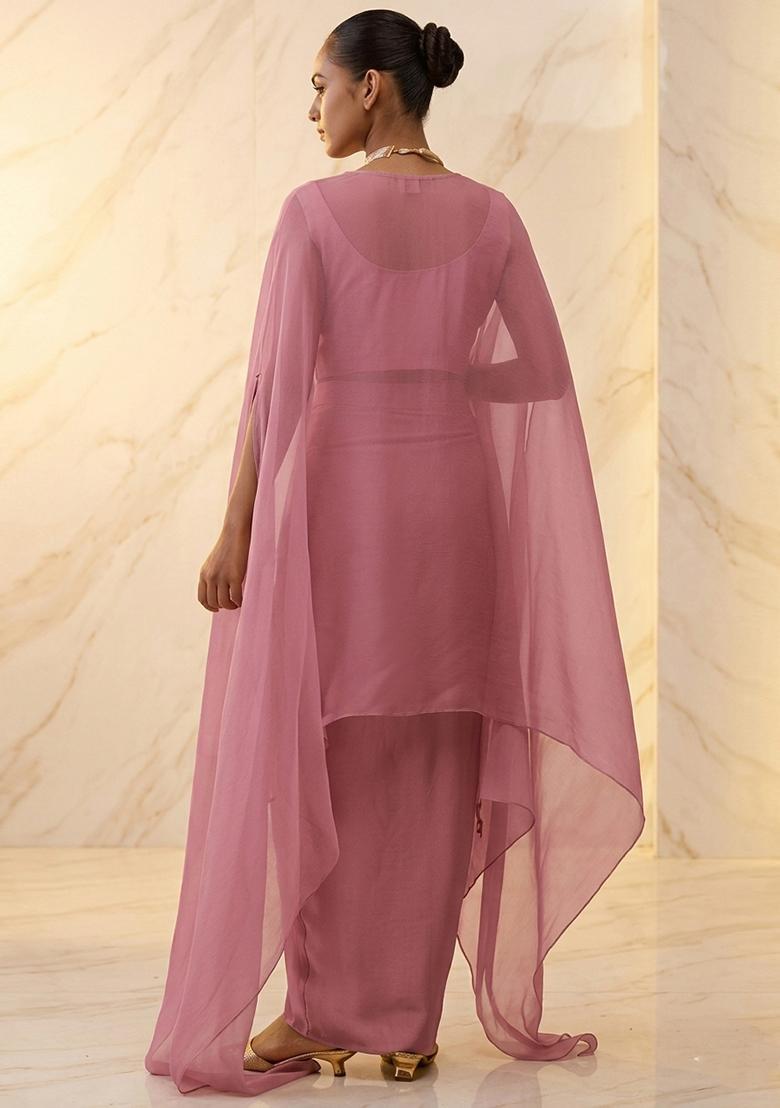 Rose Pink Embroidered Handwork Fusion Set - Indya