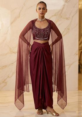 Wine Embroidered Handwork Fusion Set